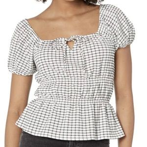 NWT Madewell Omaha Top puffed sleeve tiered peplum silhouette XS Plaid White